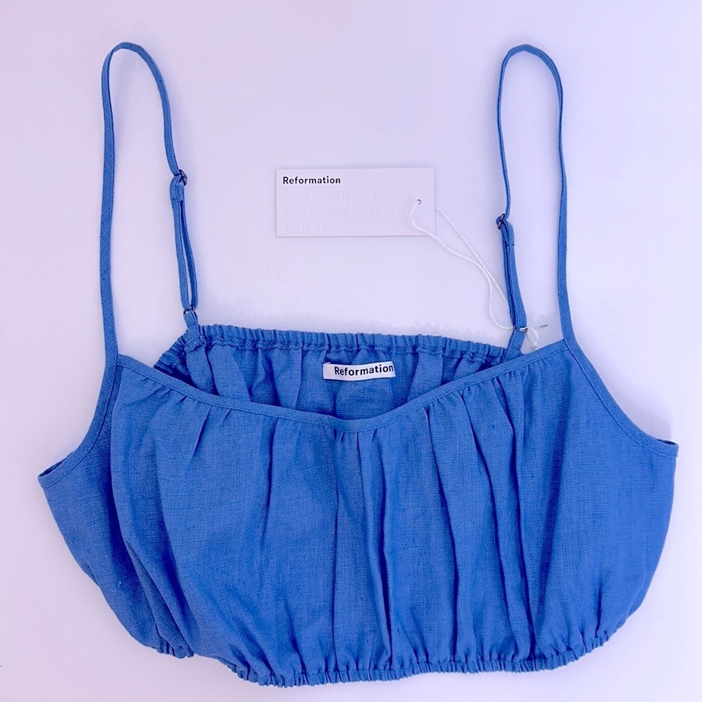 Reformation Blue Linen-Blend Cropped Cami